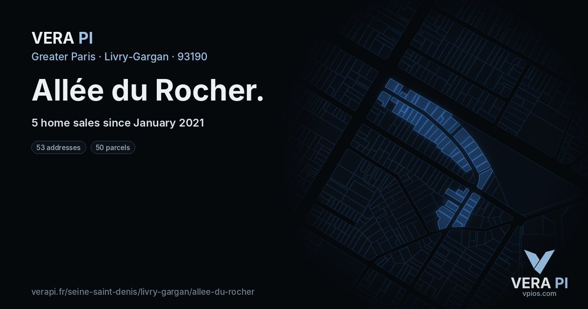 Allée du Rocher, Livry-Gargan at night – every parcel coloured by the prices around it, the street's own parcels lit