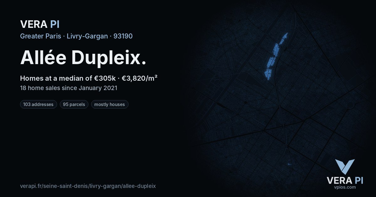 Allée Dupleix, Livry-Gargan at night – every parcel coloured by the prices around it, the street's own parcels lit