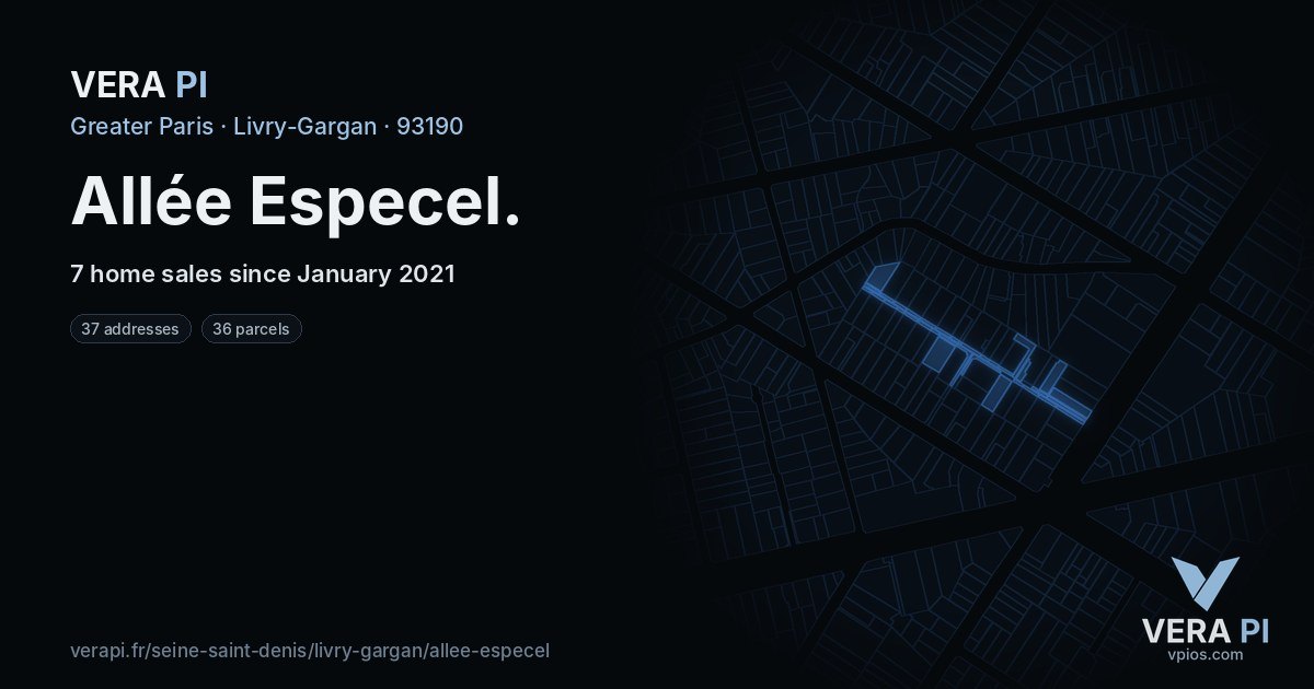 Allée Especel, Livry-Gargan at night – every parcel coloured by the prices around it, the street's own parcels lit