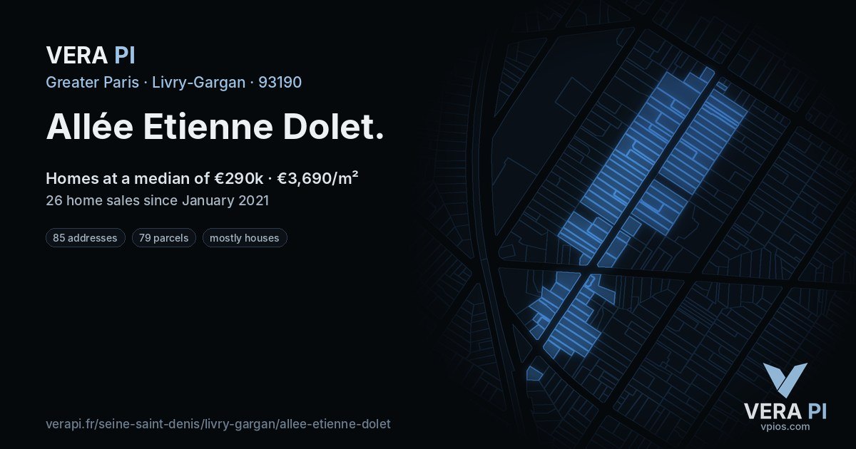 Allée Etienne Dolet, Livry-Gargan at night – every parcel coloured by the prices around it, the street's own parcels lit