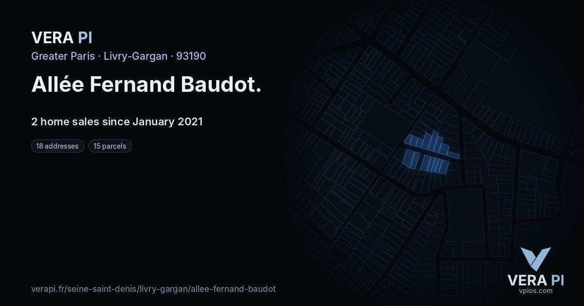 Allée Fernand Baudot, Livry-Gargan at night – every parcel coloured by the prices around it, the street's own parcels lit