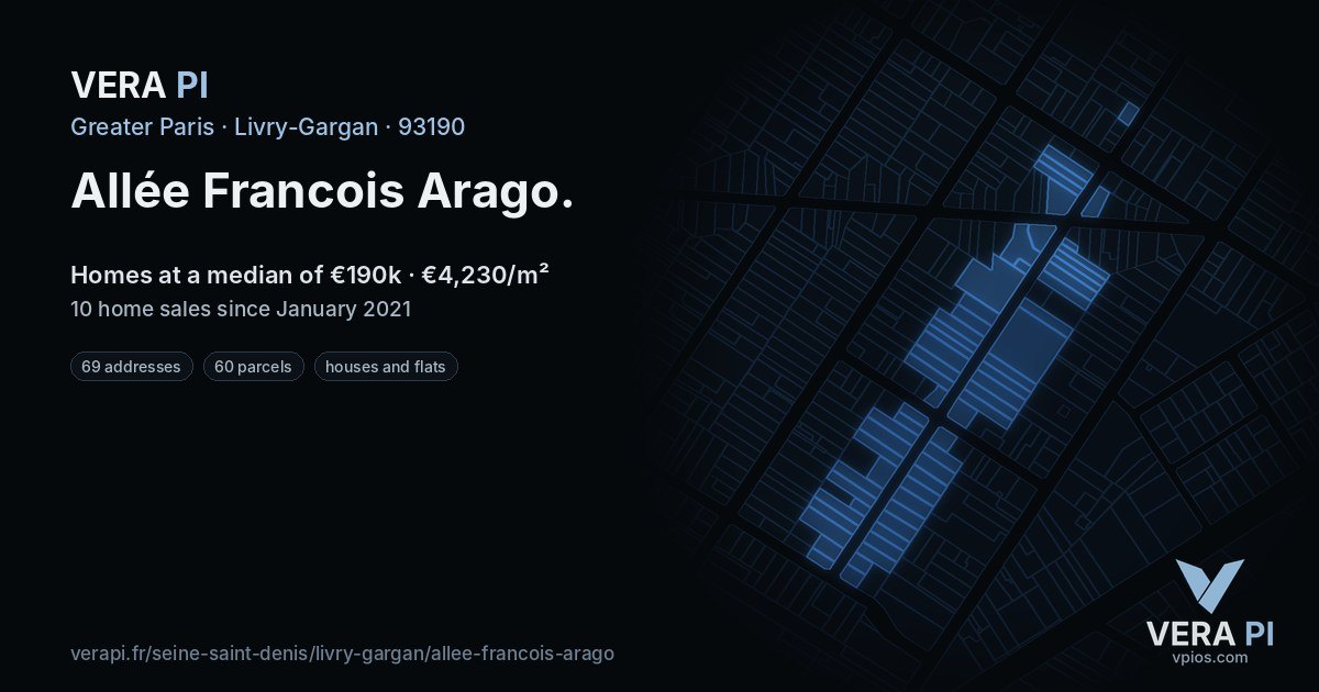 Allée Francois Arago, Livry-Gargan at night – every parcel coloured by the prices around it, the street's own parcels lit