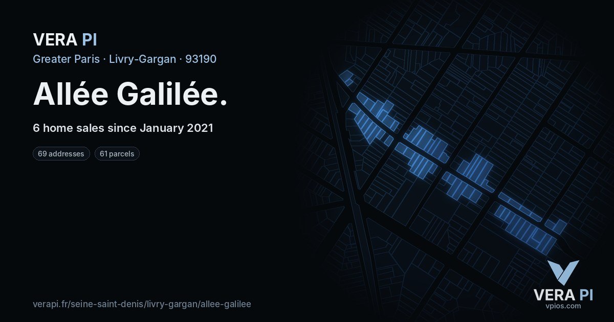 Allée Galilée, Livry-Gargan at night – every parcel coloured by the prices around it, the street's own parcels lit