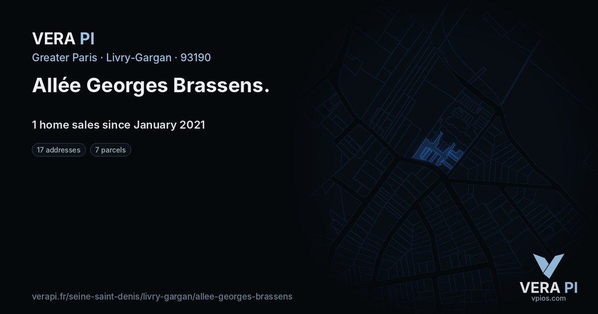 Allée Georges Brassens, Livry-Gargan at night – every parcel coloured by the prices around it, the street's own parcels lit