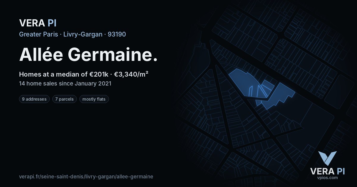 Allée Germaine, Livry-Gargan at night – every parcel coloured by the prices around it, the street's own parcels lit