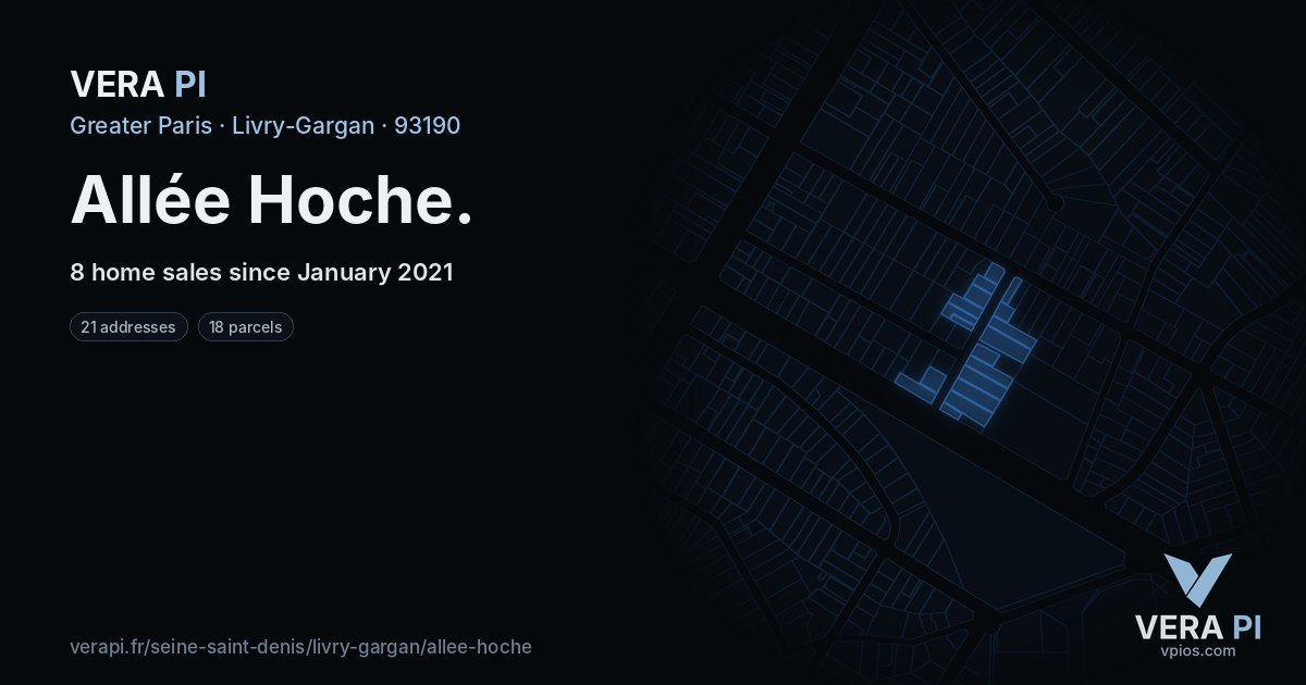 Allée Hoche, Livry-Gargan at night – every parcel coloured by the prices around it, the street's own parcels lit