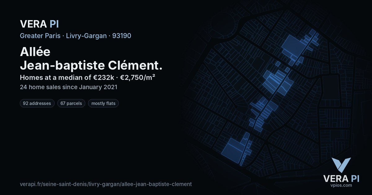 Allée Jean-baptiste Clément, Livry-Gargan at night – every parcel coloured by the prices around it, the street's own parcels lit