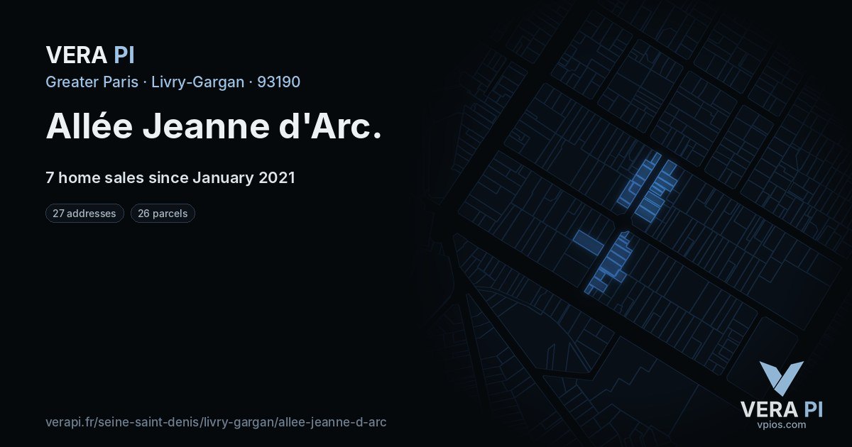 Allée Jeanne d'Arc, Livry-Gargan at night – every parcel coloured by the prices around it, the street's own parcels lit