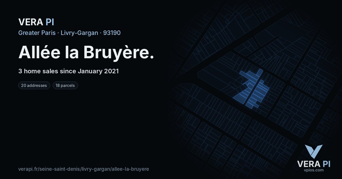 Allée la Bruyère, Livry-Gargan at night – every parcel coloured by the prices around it, the street's own parcels lit