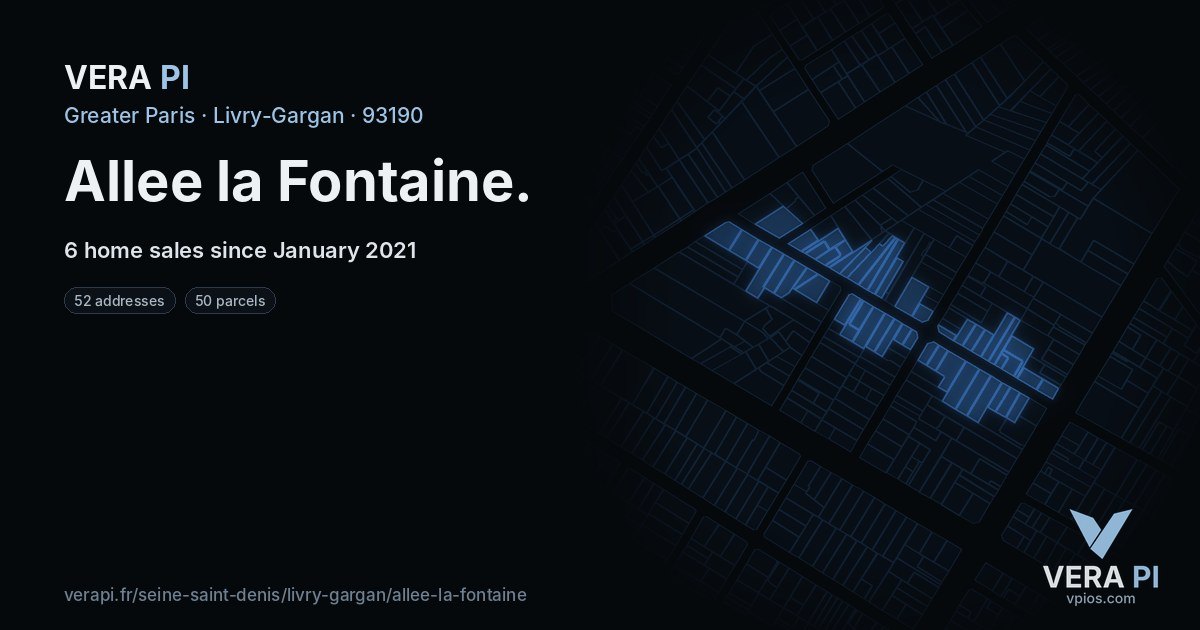 Allee la Fontaine, Livry-Gargan at night – every parcel coloured by the prices around it, the street's own parcels lit
