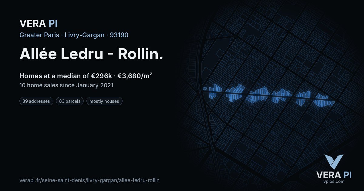 Allée Ledru - Rollin, Livry-Gargan at night – every parcel coloured by the prices around it, the street's own parcels lit