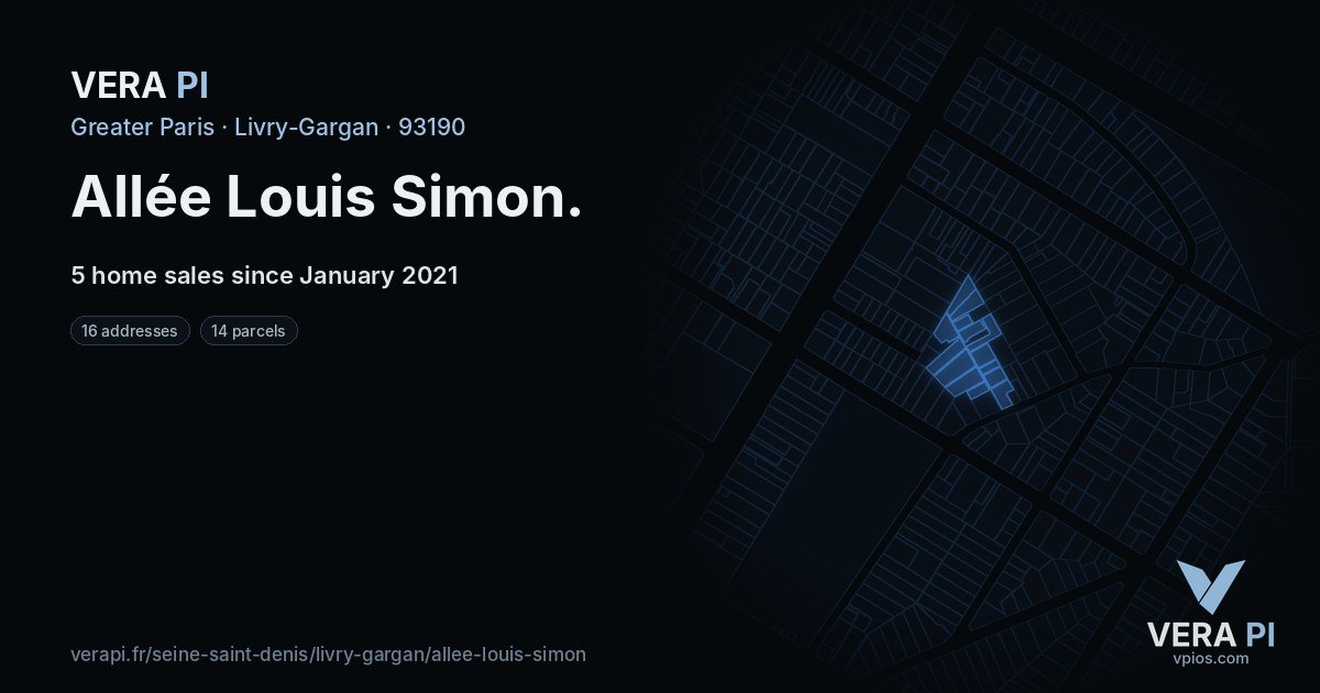 Allée Louis Simon, Livry-Gargan at night – every parcel coloured by the prices around it, the street's own parcels lit