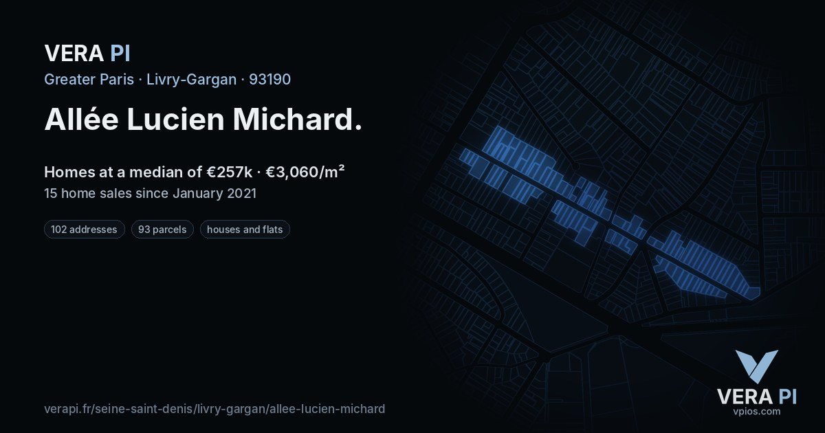 Allée Lucien Michard, Livry-Gargan at night – every parcel coloured by the prices around it, the street's own parcels lit