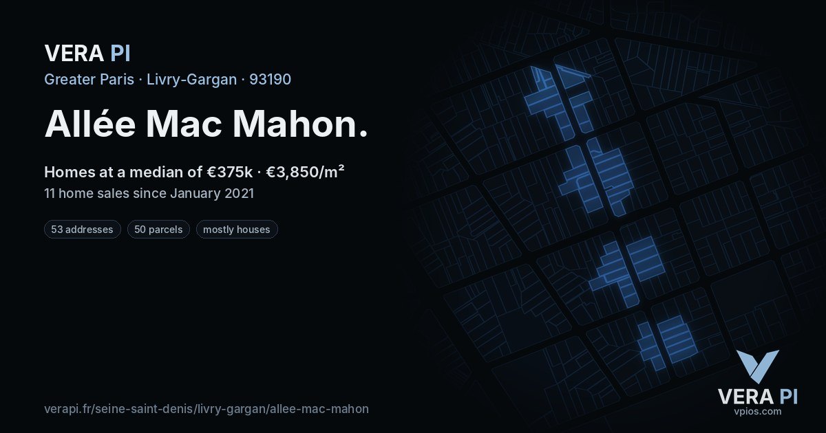 Allée Mac Mahon, Livry-Gargan at night – every parcel coloured by the prices around it, the street's own parcels lit