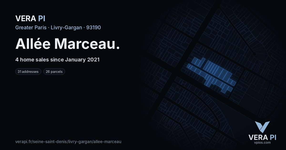 Allée Marceau, Livry-Gargan at night – every parcel coloured by the prices around it, the street's own parcels lit