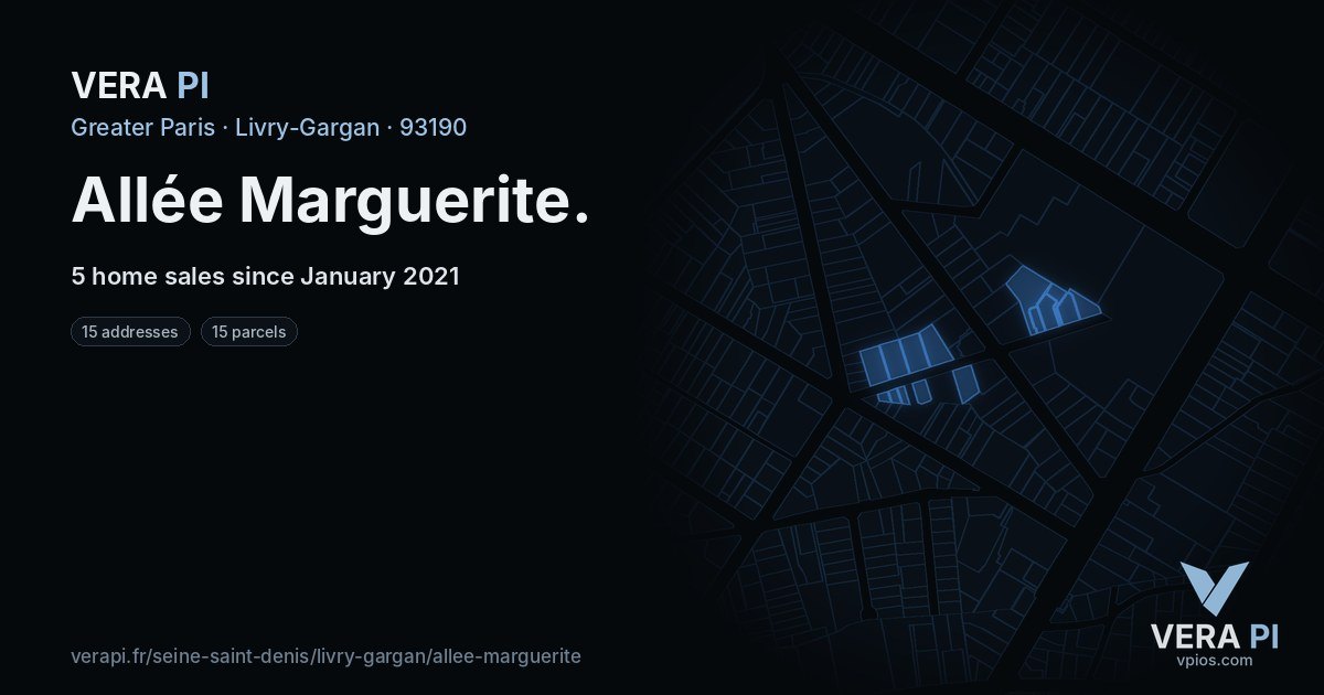 Allée Marguerite, Livry-Gargan at night – every parcel coloured by the prices around it, the street's own parcels lit