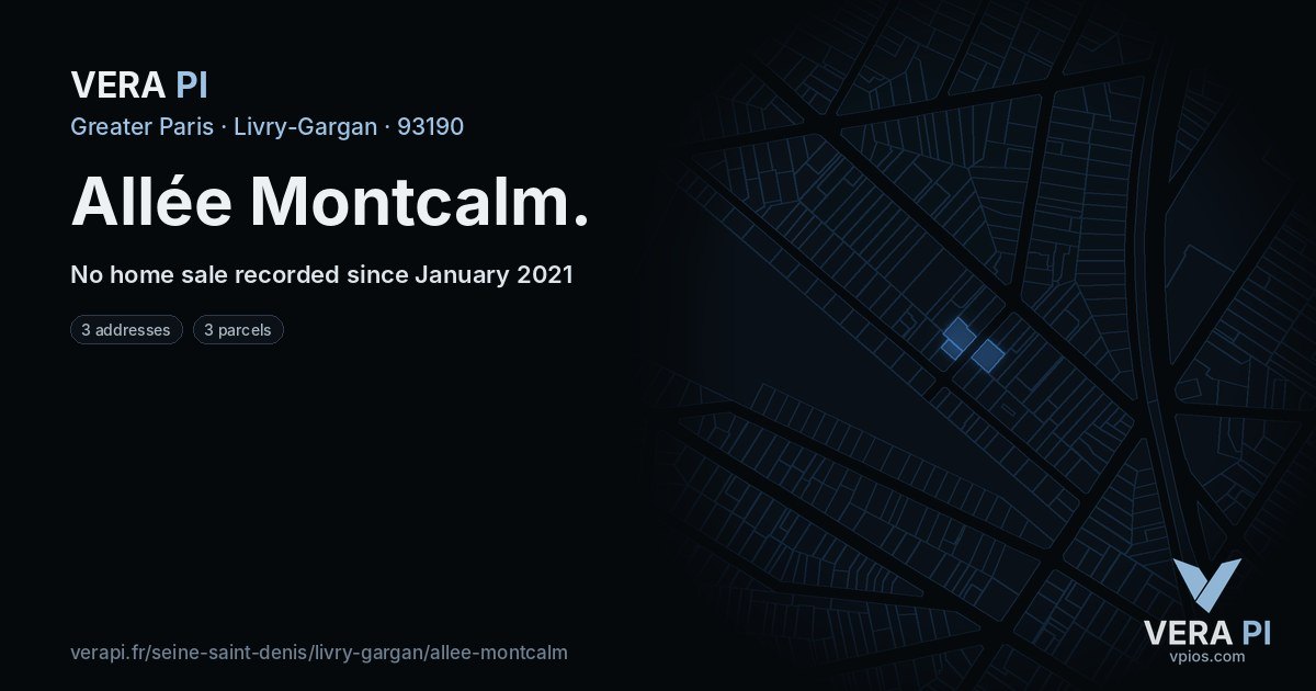 Allée Montcalm, Livry-Gargan at night – every parcel coloured by the prices around it, the street's own parcels lit