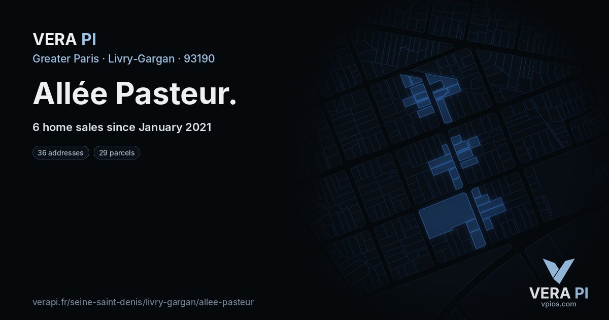 Allée Pasteur, Livry-Gargan at night – every parcel coloured by the prices around it, the street's own parcels lit