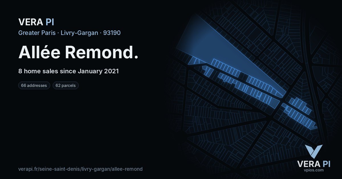 Allée Remond, Livry-Gargan at night – every parcel coloured by the prices around it, the street's own parcels lit