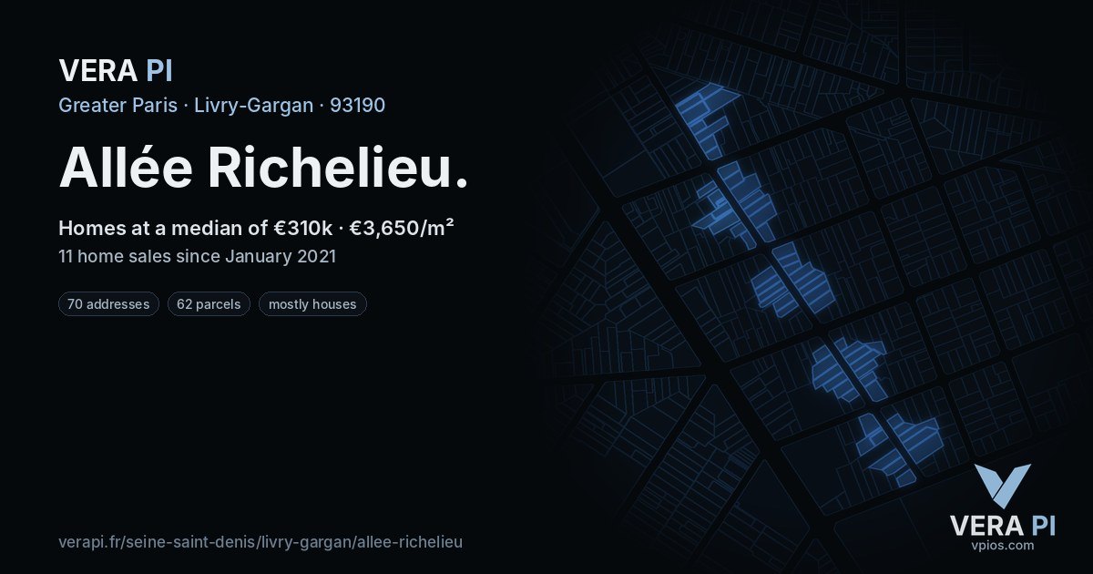 Allée Richelieu, Livry-Gargan at night – every parcel coloured by the prices around it, the street's own parcels lit