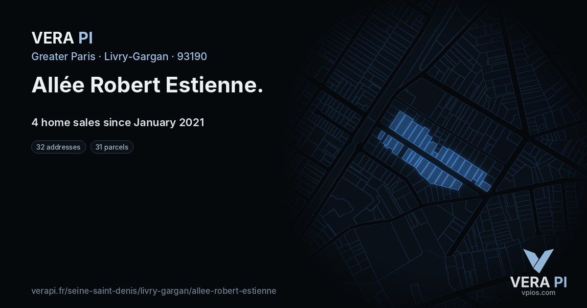 Allée Robert Estienne, Livry-Gargan at night – every parcel coloured by the prices around it, the street's own parcels lit