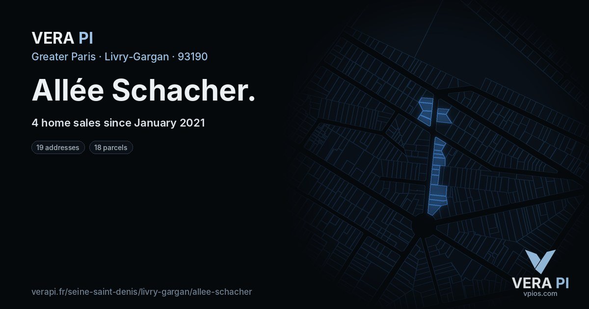 Allée Schacher, Livry-Gargan at night – every parcel coloured by the prices around it, the street's own parcels lit