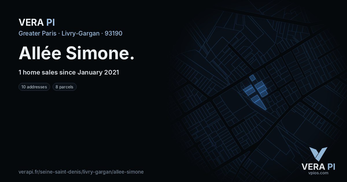 Allée Simone, Livry-Gargan at night – every parcel coloured by the prices around it, the street's own parcels lit