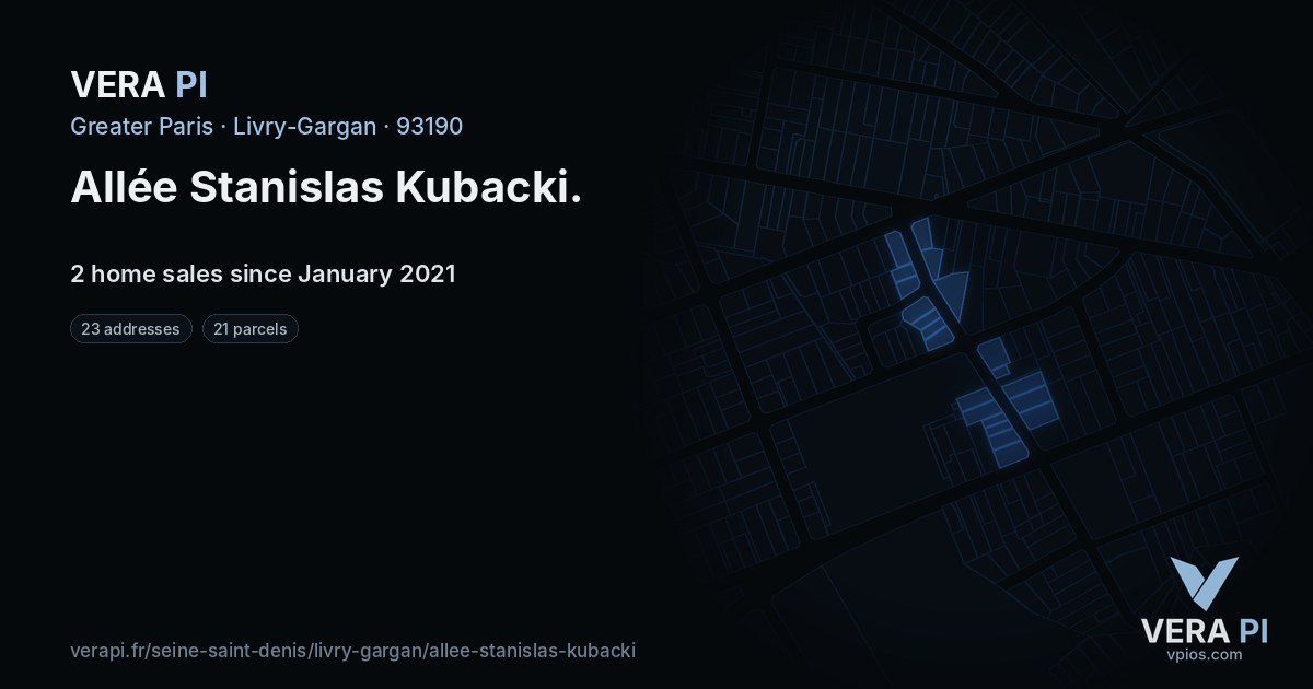 Allée Stanislas Kubacki, Livry-Gargan at night – every parcel coloured by the prices around it, the street's own parcels lit