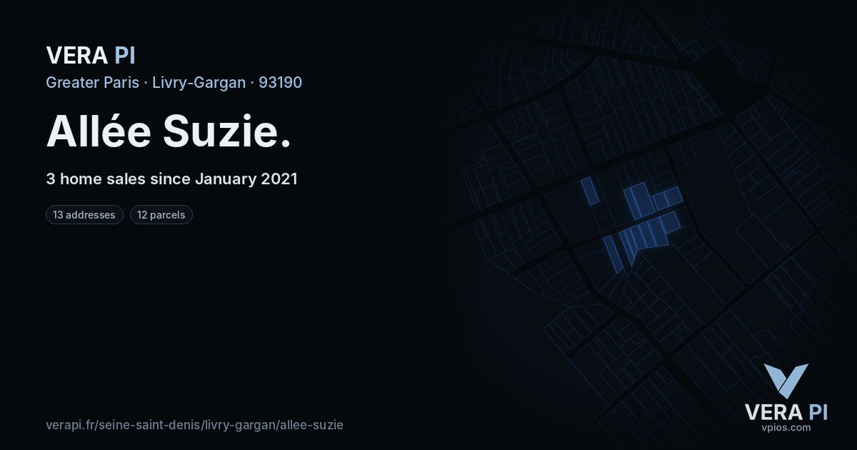 Allée Suzie, Livry-Gargan at night – every parcel coloured by the prices around it, the street's own parcels lit
