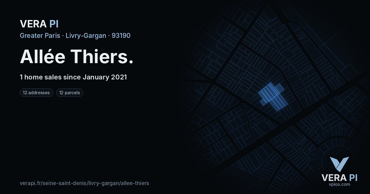 Allée Thiers, Livry-Gargan at night – every parcel coloured by the prices around it, the street's own parcels lit