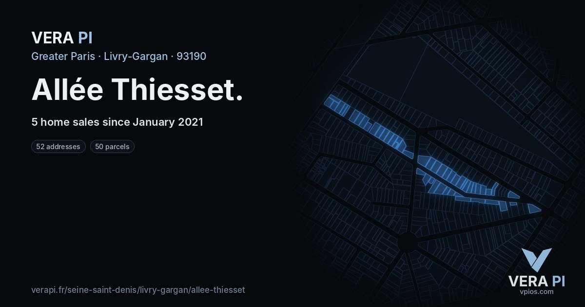 Allée Thiesset, Livry-Gargan at night – every parcel coloured by the prices around it, the street's own parcels lit