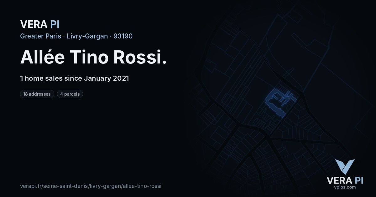 Allée Tino Rossi, Livry-Gargan at night – every parcel coloured by the prices around it, the street's own parcels lit