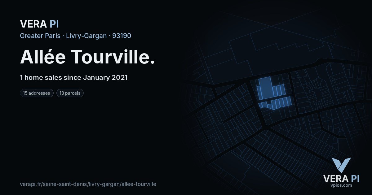 Allée Tourville, Livry-Gargan at night – every parcel coloured by the prices around it, the street's own parcels lit