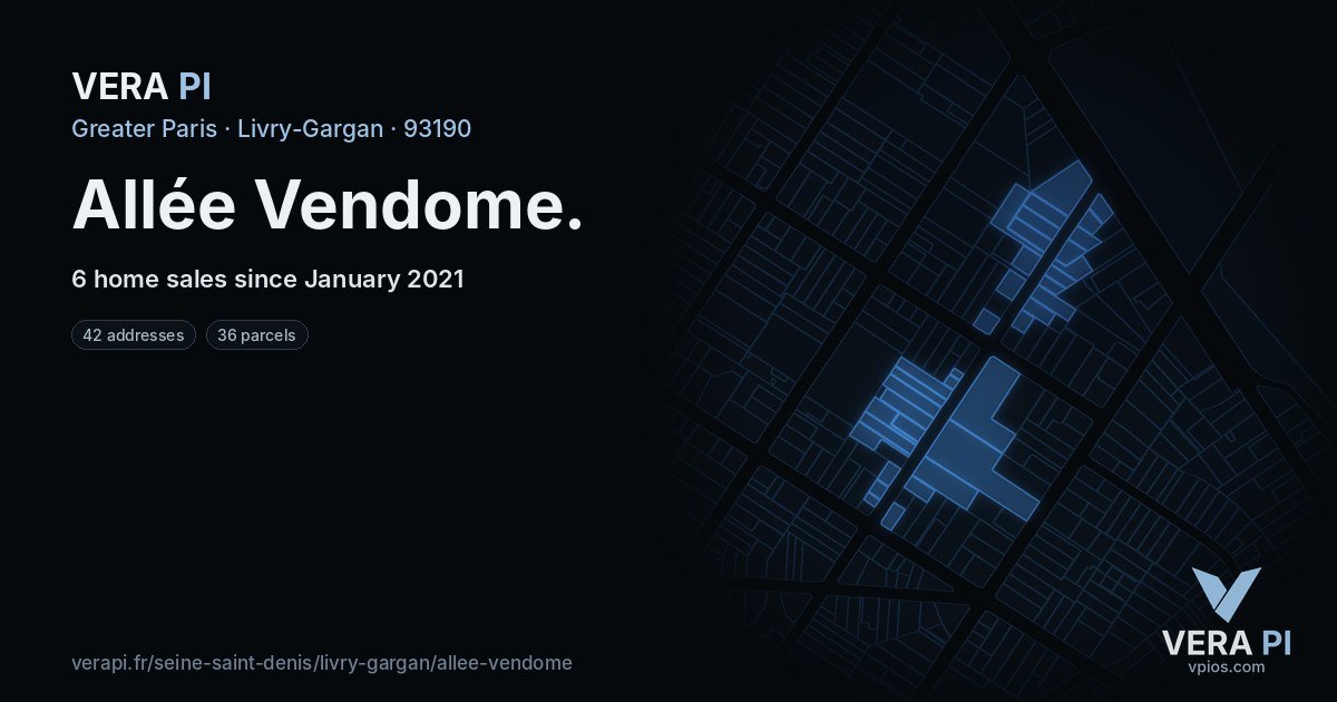 Allée Vendome, Livry-Gargan at night – every parcel coloured by the prices around it, the street's own parcels lit