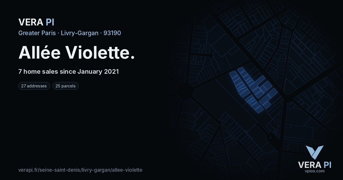 Allée Violette, Livry-Gargan at night – every parcel coloured by the prices around it, the street's own parcels lit