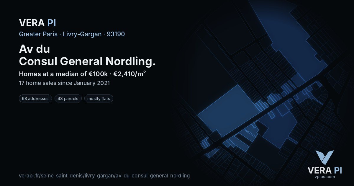 Av du Consul General Nordling, Livry-Gargan at night – every parcel coloured by the prices around it, the street's own parcels lit