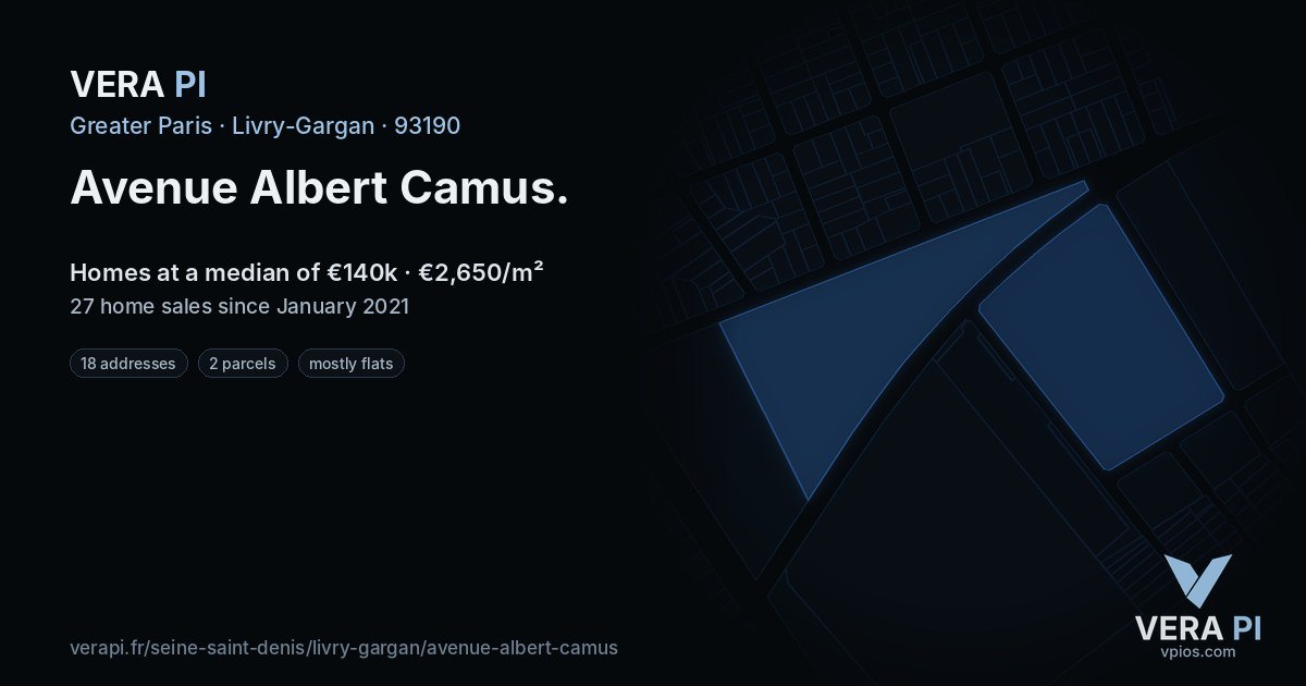 Avenue Albert Camus, Livry-Gargan at night – every parcel coloured by the prices around it, the street's own parcels lit
