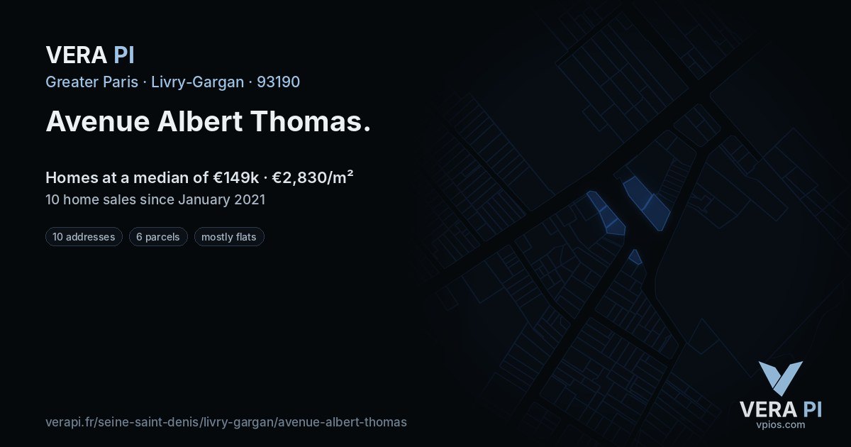 Avenue Albert Thomas, Livry-Gargan at night – every parcel coloured by the prices around it, the street's own parcels lit