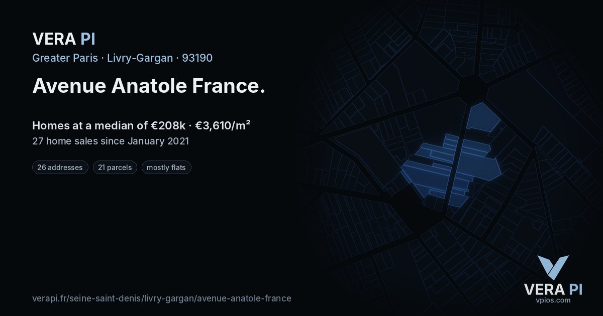 Avenue Anatole France, Livry-Gargan at night – every parcel coloured by the prices around it, the street's own parcels lit