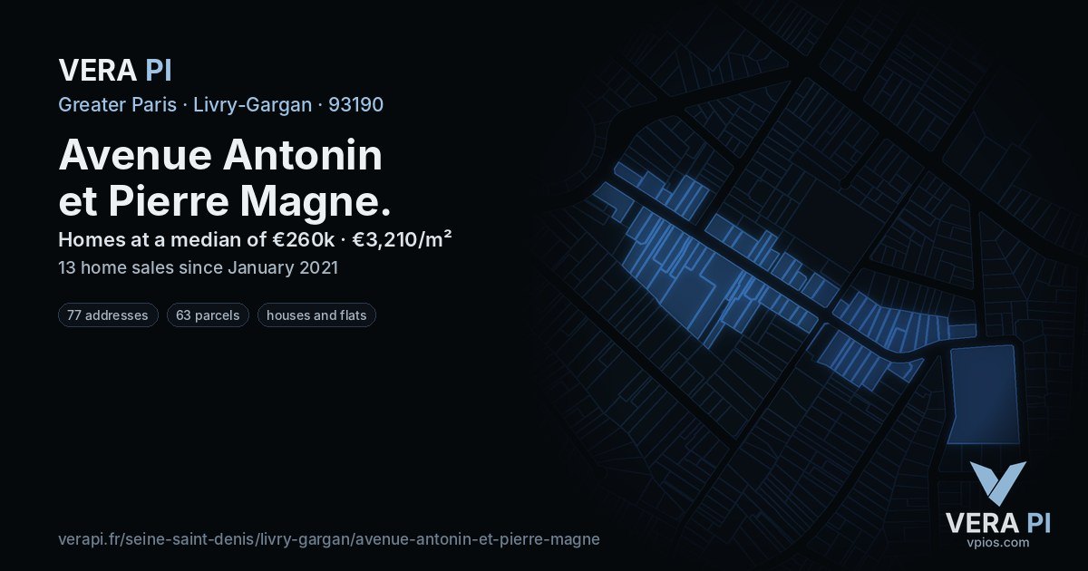 Avenue Antonin et Pierre Magne, Livry-Gargan at night – every parcel coloured by the prices around it, the street's own parcels lit