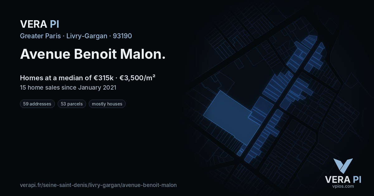 Avenue Benoit Malon, Livry-Gargan at night – every parcel coloured by the prices around it, the street's own parcels lit