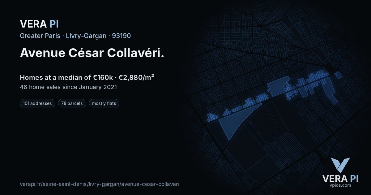 Avenue César Collavéri, Livry-Gargan at night – every parcel coloured by the prices around it, the street's own parcels lit