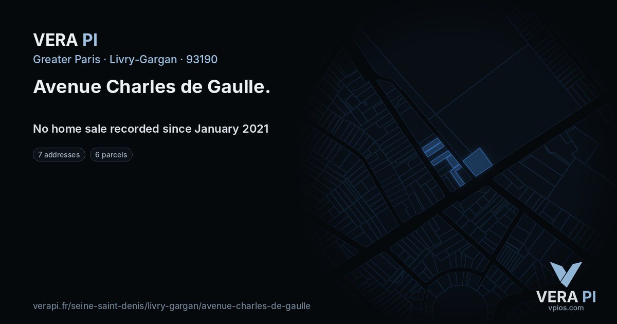 Avenue Charles de Gaulle, Livry-Gargan at night – every parcel coloured by the prices around it, the street's own parcels lit