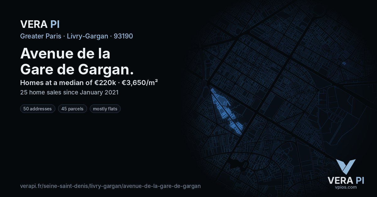 Avenue de la Gare de Gargan, Livry-Gargan at night – every parcel coloured by the prices around it, the street's own parcels lit