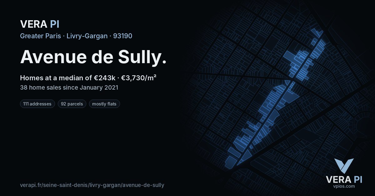 Avenue de Sully, Livry-Gargan at night – every parcel coloured by the prices around it, the street's own parcels lit