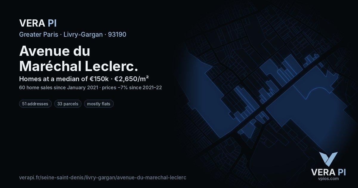Avenue du Maréchal Leclerc, Livry-Gargan at night – every parcel coloured by the prices around it, the street's own parcels lit