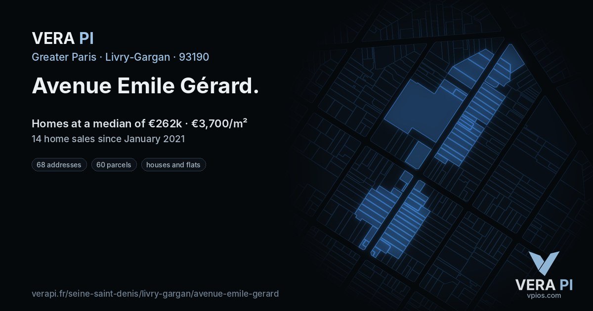 Avenue Emile Gérard, Livry-Gargan at night – every parcel coloured by the prices around it, the street's own parcels lit