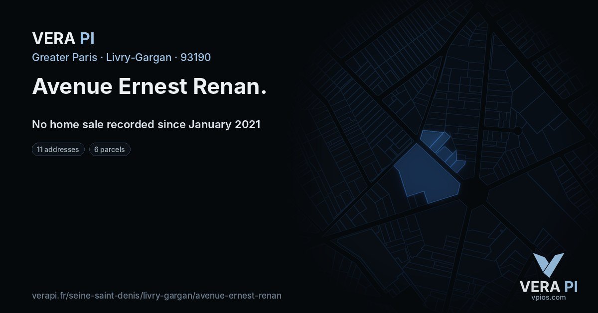 Avenue Ernest Renan, Livry-Gargan at night – every parcel coloured by the prices around it, the street's own parcels lit