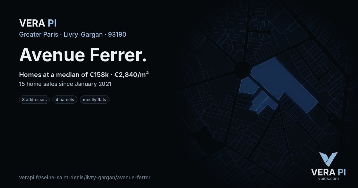 Avenue Ferrer, Livry-Gargan at night – every parcel coloured by the prices around it, the street's own parcels lit