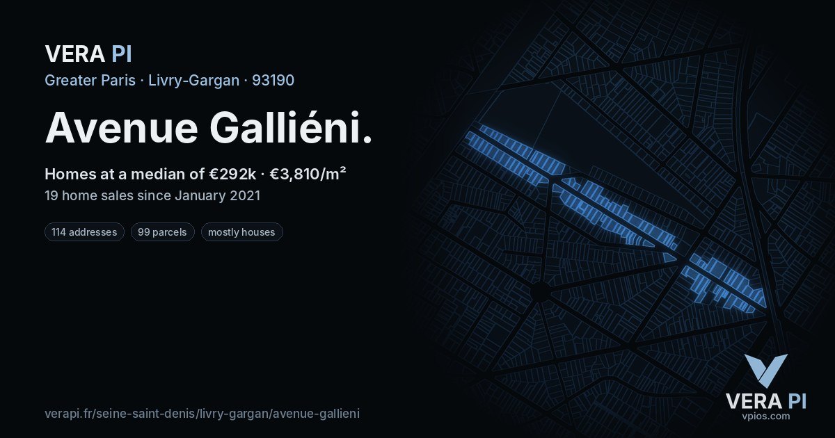 Avenue Galliéni, Livry-Gargan at night – every parcel coloured by the prices around it, the street's own parcels lit